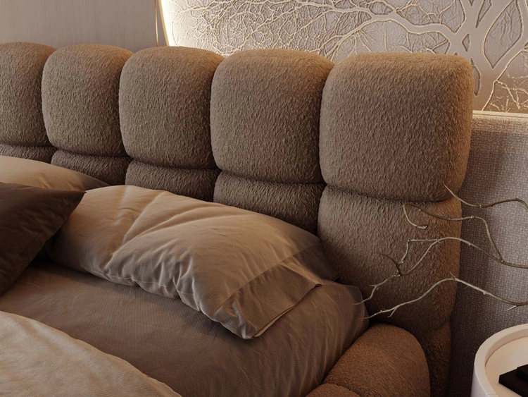 Łóżko tapicerowane z pojemnikiem na pościel i stelażem 200x200 Modo w tkaninie bouclé Brązowe