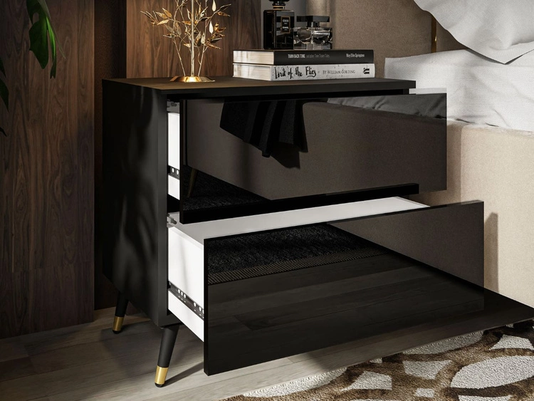 Stolik nocny z szufladami na czarno-złotych nogach Nuveo Czarny połysk