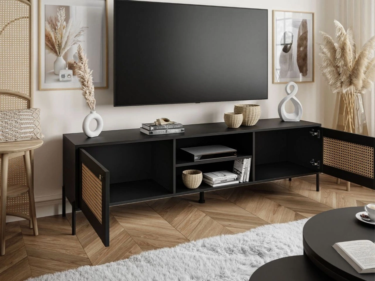 Szafka RTV boho dwudrzwiowa na metalowych nogach Bellance czarna