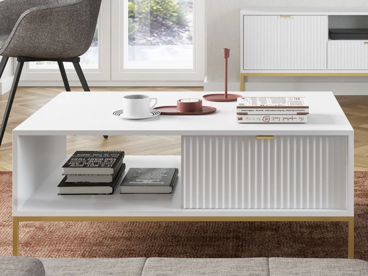 Stolik kawowy z szufladą Amber biały na złotych nogach