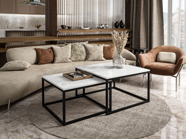 Stolik kawowy na czarnym stelażu Asumi Biały Połysk 36x42