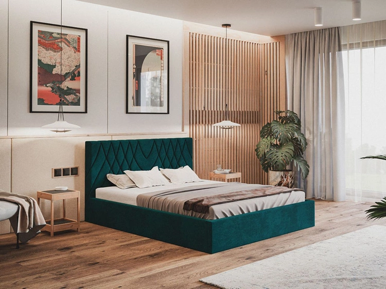 Łóżko tapicerowane z pojemnikiem i stelażem 160x200 Andri turkus