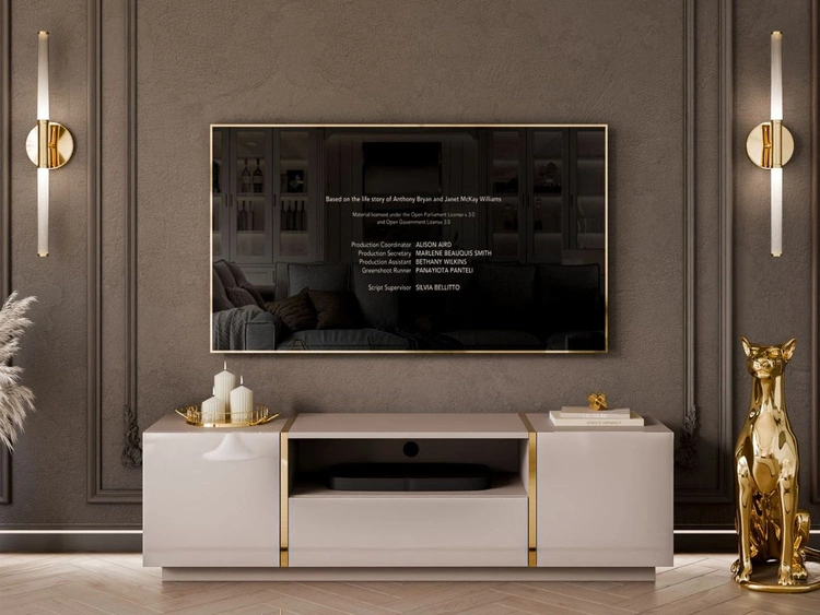 Szafka RTV w stylu glamour dwudrzwiowa z szufladą Lunelie kaszmir połysk