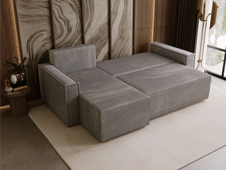 Nowoczesny rozkładany narożnik z funkcją spania i pojemnikiem Prato L uniwersalny Szary