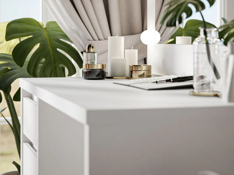 Toaletka kosmetyczna z szerokim lustrem, szufladami i oświetleniem LED Nesso biały mat