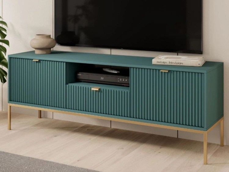 Szafka pod telewizor z szufladami i drzwiczkami Amber zielona na złotych nogach