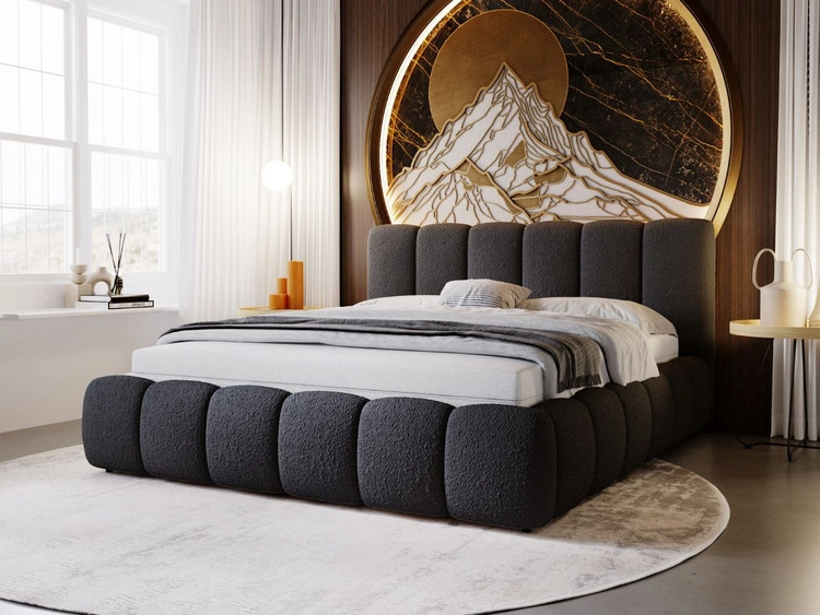 Łóżko tapicerowane bez pojemnika ze stelażem 160x200 Cloud w tkaninie bouclé Czarne