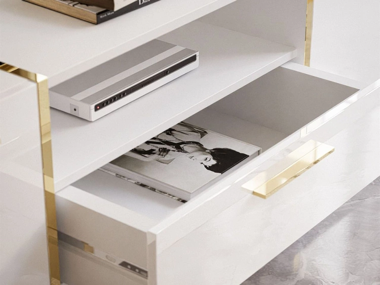 Szafka RTV w stylu glamour z szafkami i szufladą Lunelie biały połysk