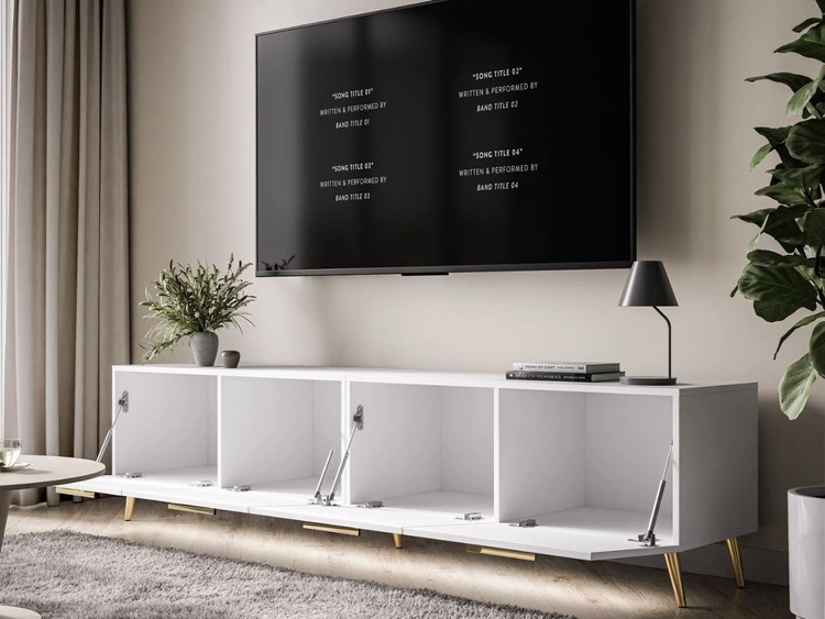 Szafka RTV pod telewizor z drzwiczkami i oświetleniem LED na złotych nóżkach 200 cm Noaé Biały Połysk