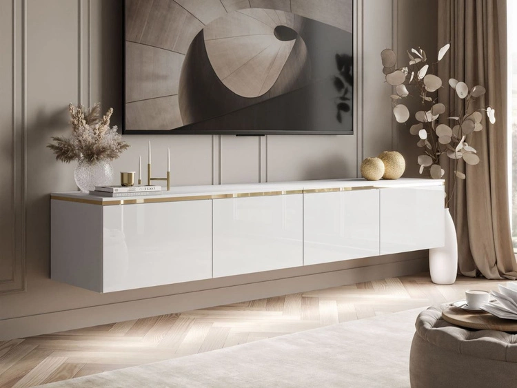 Szafka RTV wisząca w stylu glamour z oświetleniem LED Celle biały połysk