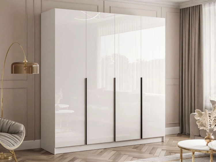 Szafa czterodrzwiowa z drzwiami uchylnymi i czarnymi uchwytami Ameli Biały Połysk