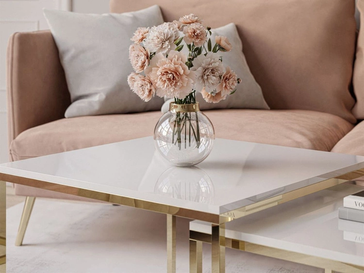 Stolik kawowy na złotym stelażu Asumi Biały Połysk 36x42