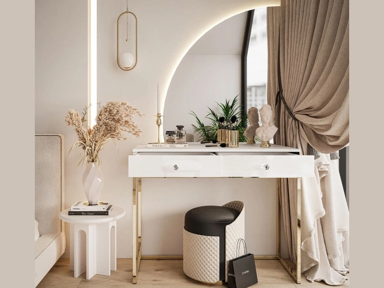 Toaletka kosmetyczna lewostronna z szufladami i oświetleniem LED na złotych nogach Clarette Biały połysk