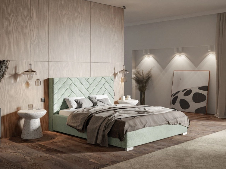 Łóżko tapicerowane z pojemnikiem i stelażem 160x200 Toreto Jasnozielone