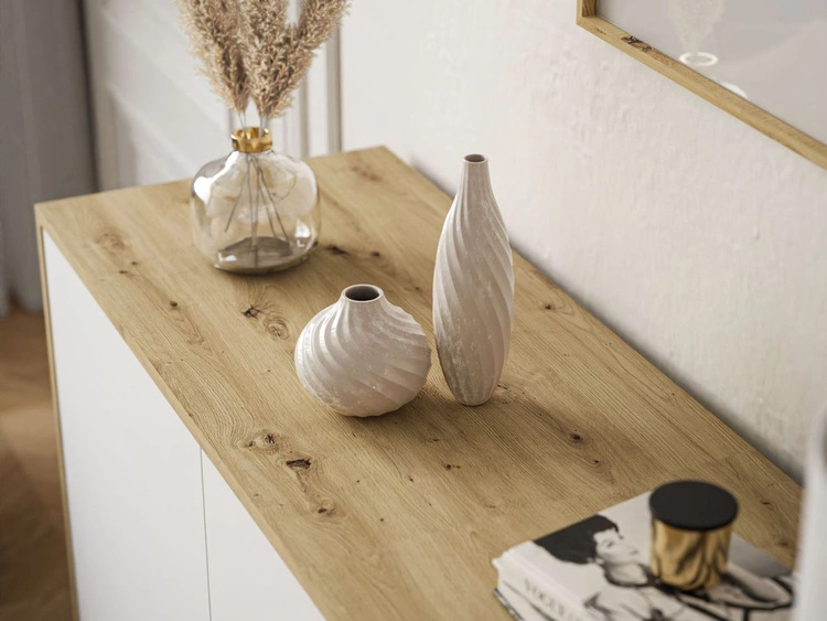 Trzydrzwiowa komoda 154 cm w stylu loft na czarnym stelażu Vivance biały mat i dąb artisan