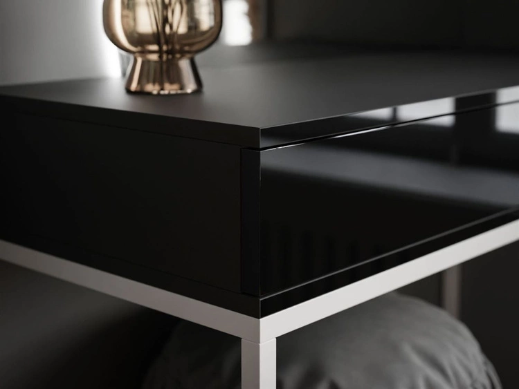 Toaletka kosmetyczna lewostronna z szufladami i oświetleniem LED na białych nogach Clarette Czarny połysk