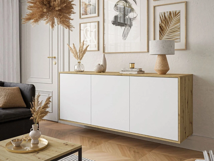 Trzydrzwiowa komoda 154 cm w stylu loft wisząca Vivance biały mat i dąb artisan