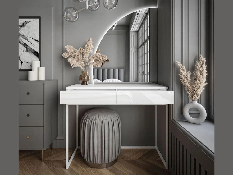 Toaletka kosmetyczna lewostronna z szufladami i oświetleniem LED na białych nogach Clarette Biały połysk