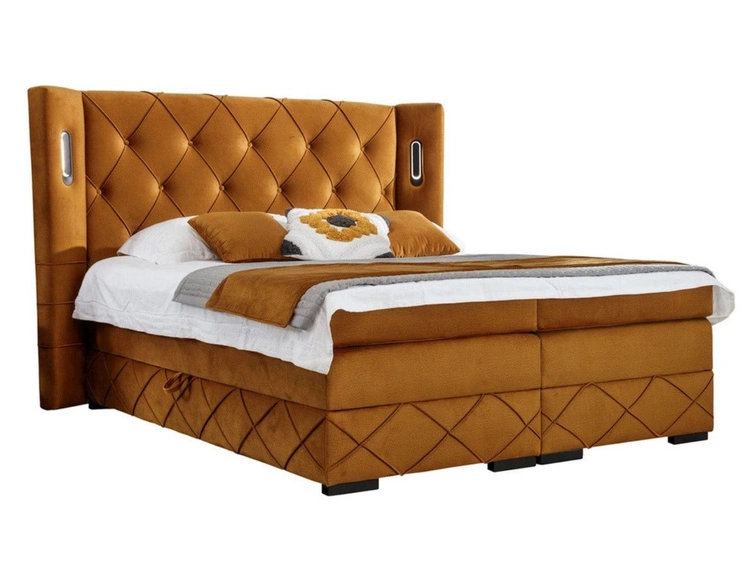 Łóżko kontynentalne z pojemnikiem na pościel 200x200 Neria Lux Żółte