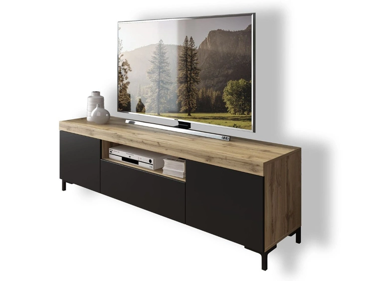 Szafka RTV pod telewizor z drzwiczkami i szufladą Asumi czarny i dąb wotan