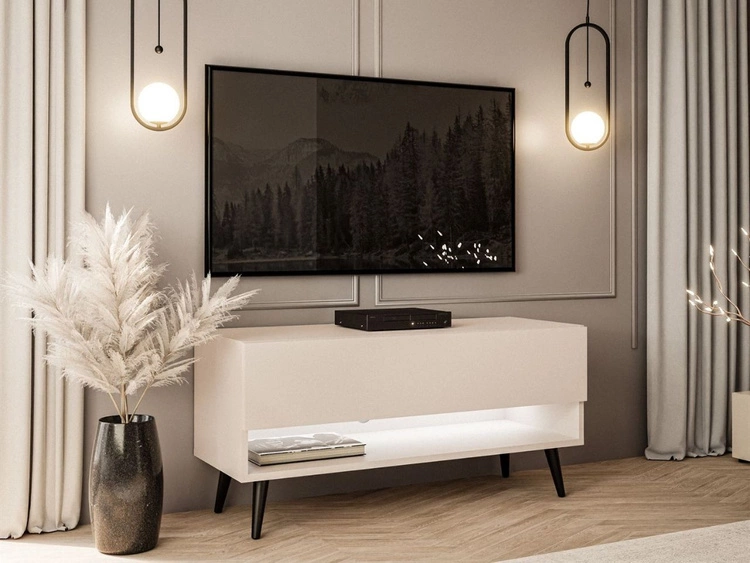 Szafka RTV 90 cm do salonu z oświetleniem LED i czarnymi nóżkami Aurelie Kaszmir mat