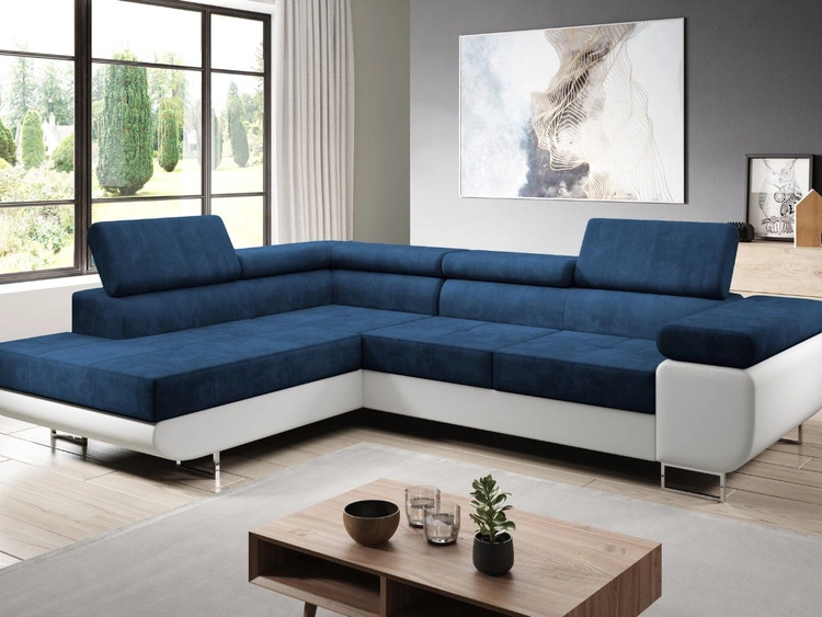 Narożnik lewy z funkcją spania i pojemnikiem Solam L Ciemny niebieski, Biały