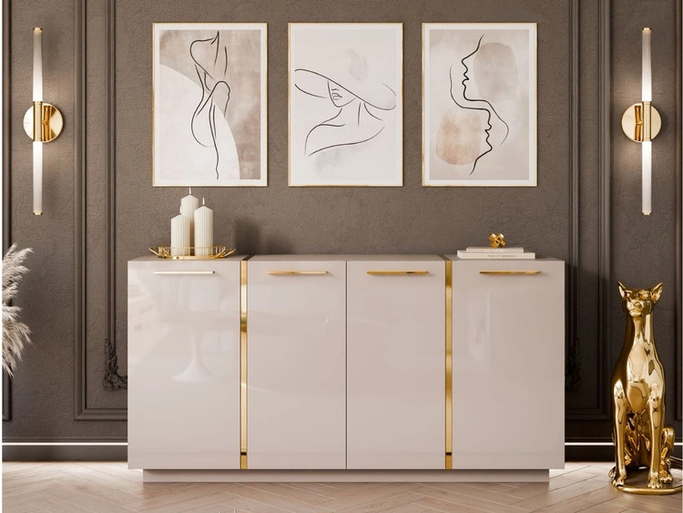 Czterodrzwiowa komoda 158 cm w stylu glamour ze złotymi uchwytami Lunelie kaszmir połysk