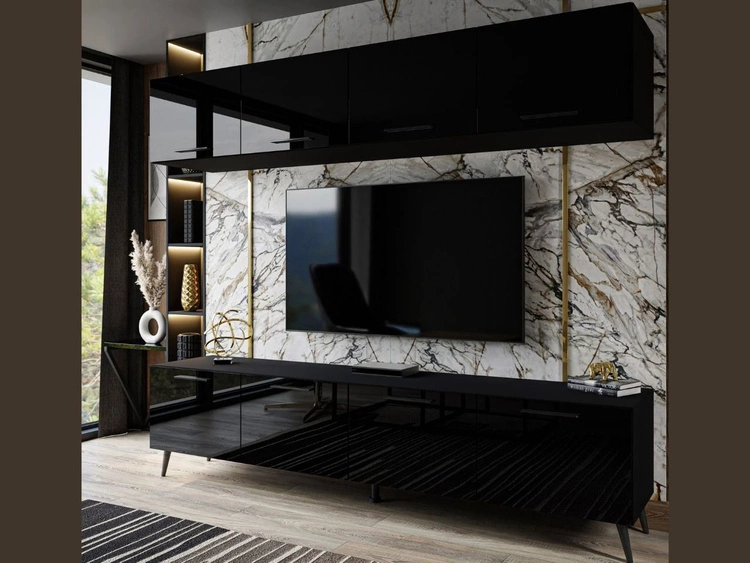 Meblościanka do salonu z oświetleniem LED na czarnych nogach Noaé Czarny połysk