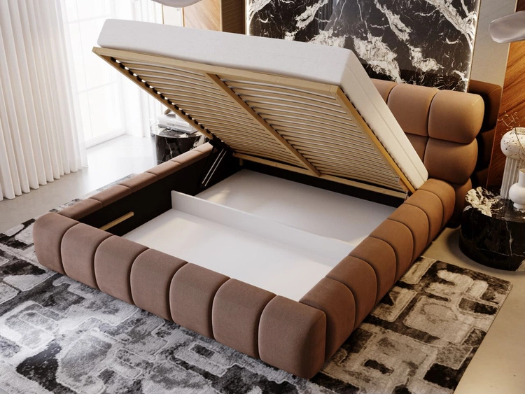 Łóżko tapicerowane z pojemnikiem i stelażem 180x200 Mellow Brązowy