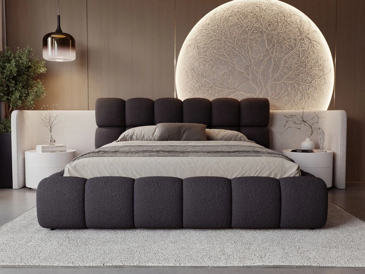 Łóżko tapicerowane z pojemnikiem na pościel i stelażem 180x200 Modo w tkaninie bouclé Czarne