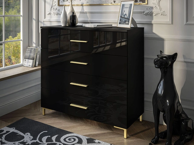 Komoda z czterema szufladami i oświetleniem LED na złotych nóżkach Nuveo Czarny połysk