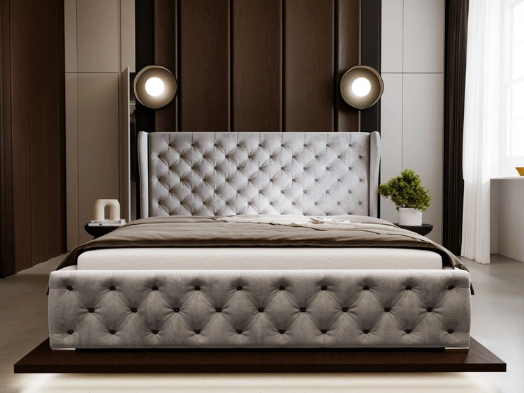 Łóżko tapicerowane z pojemnikiem na pościel i stelażem 180x200 Kingston Jasnoszare