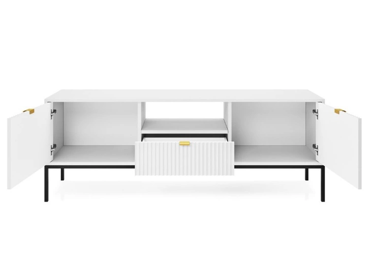 Szafka pod telewizor z szufladami i drzwiczkami Amber biała na czarnych nogach