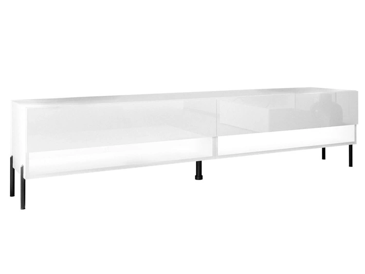 Szafka RTV do salonu 180 cm z czarnymi metalowymi nóżkami i oświetleniem LED Aurelie Biały połysk