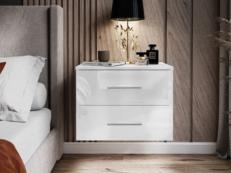 Podwieszany stolik nocny z dwoma szufladami Nuveo Biały połysk
