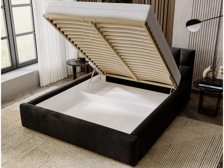 Łóżko tapicerowane z pojemnikiem i stelażem 140x200 Hugo Czarne