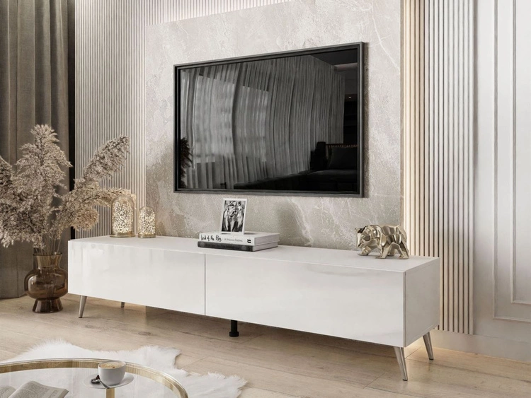 Szafka RTV pod telewizor z drzwiczkami na srebrnych nóżkach 175 cm z oświetleniem LED Sorelle Biały połysk