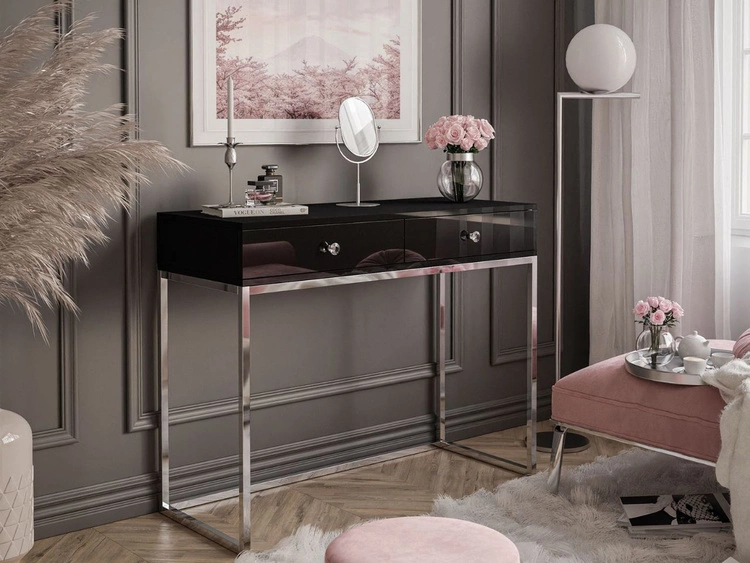 Konsola z szufladami, srebrnym stelażem i kryształowymi uchwytami Brisa czarny połysk