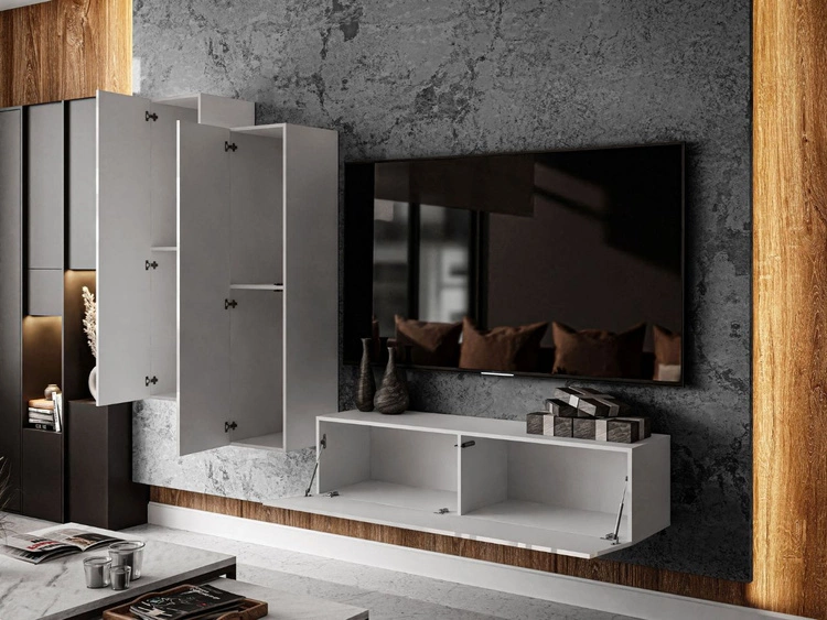 Wisząca meblościanka do salonu z oświetleniem LED Nodoo Biały połysk