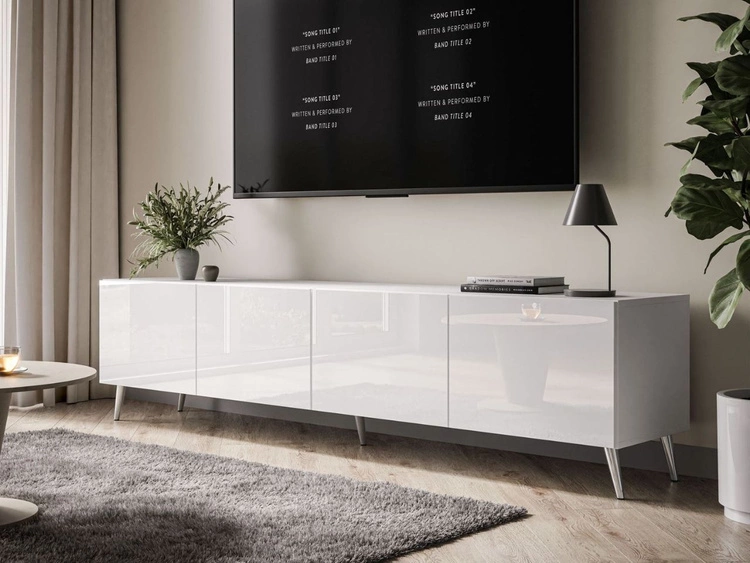 Szafka RTV pod telewizor z drzwiczkami na srebrny nóżkach 200 cm Nodoo Biały połysk