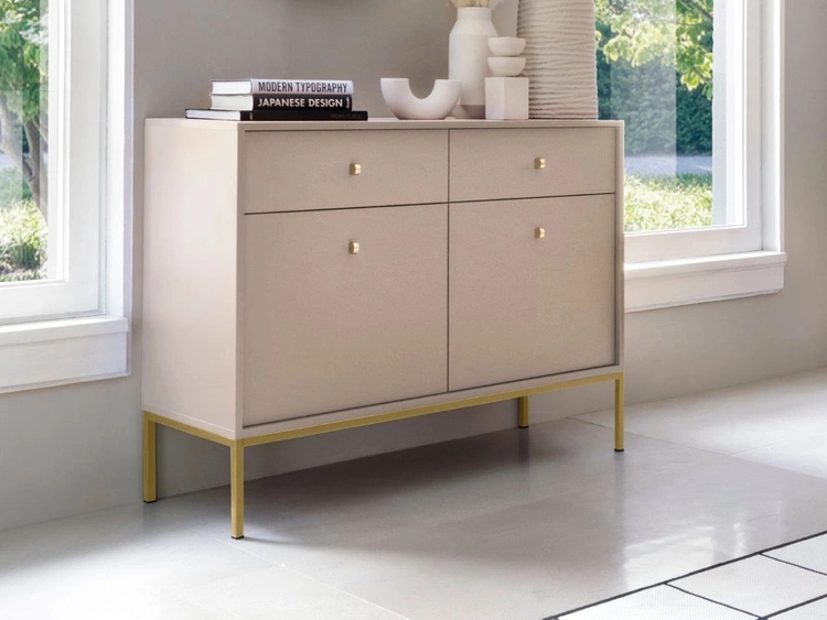 Komoda z drzwiami i szufladami na złotych nóżkach 104 cm Amor Beż piaskowy