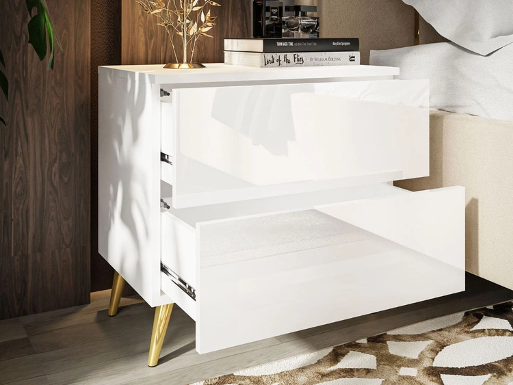 Stolik nocny z szufladami na złotych nogach Nuveo Biały połysk