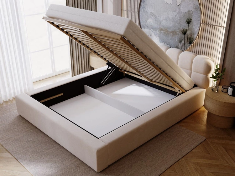 Łóżko tapicerowane z pojemnikiem i stelażem 140x200 Plaza Beżowe