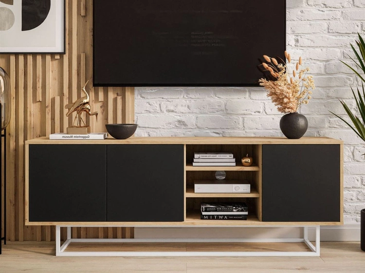 Szafka RTV pod telewizor z drzwiczkami i białym stelażem Vivance Czarny i dąb artisan
