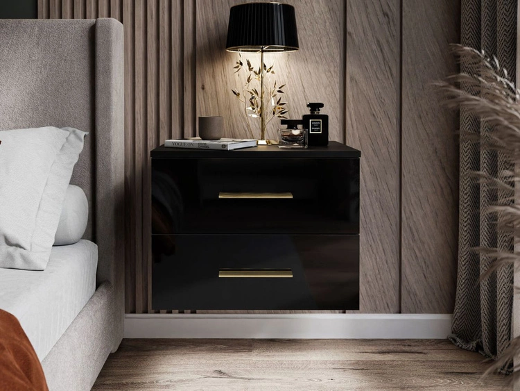 Podwieszany stolik nocny z dwoma szufladami Nuveo Czarny połysk