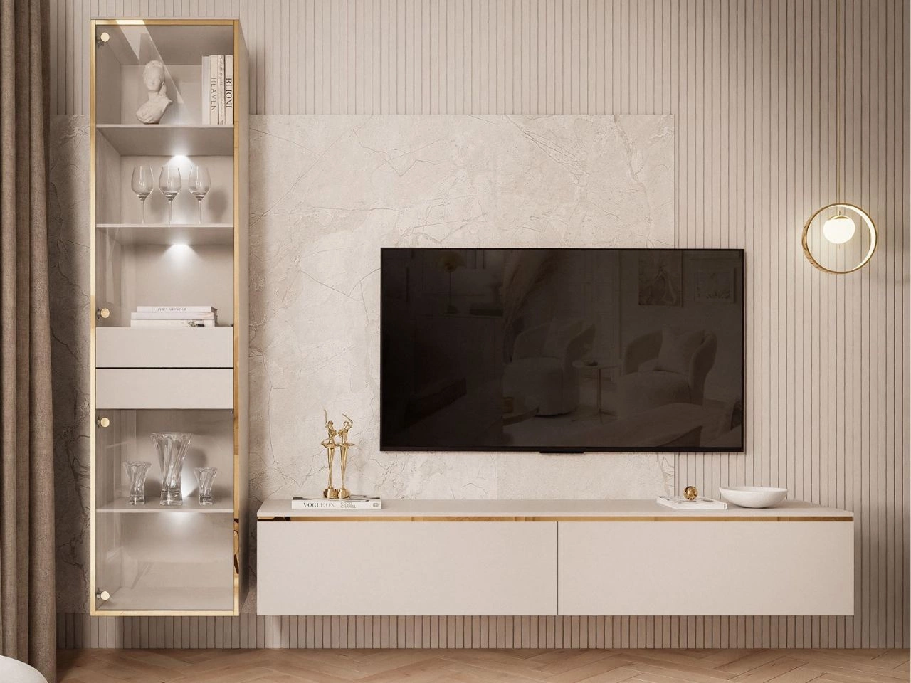 Zestaw mebli wiszących do salonu z oświetleniem LED w stylu glamour Evare Kaszmir