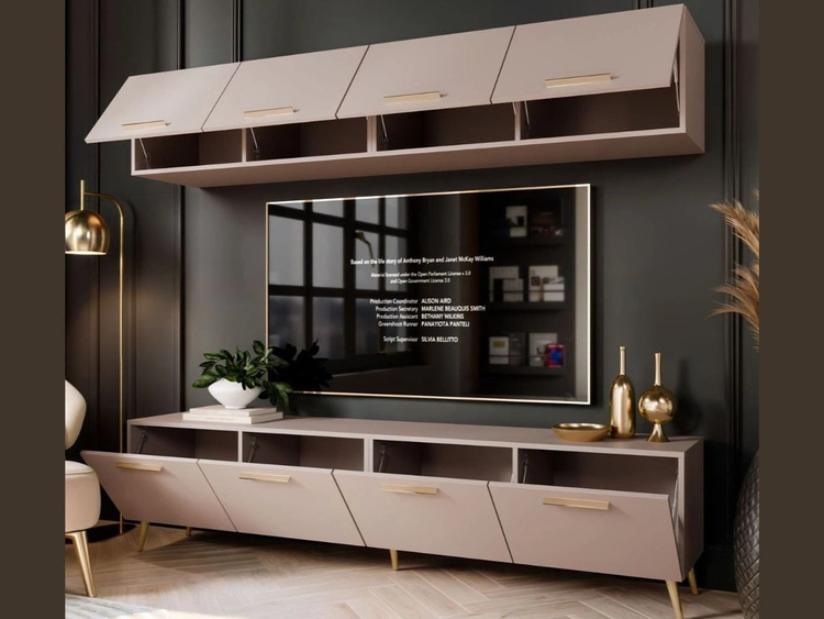 Meblościanka do salonu z oświetleniem LED na złotych nogach Noaé Kaszmir