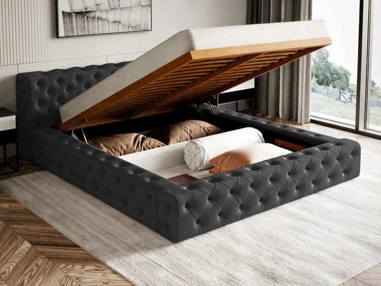 Łóżko tapicerowane z pojemnikiem i stelażem 140x200 cm Palini Czarne