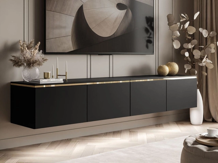 Szafka RTV wisząca w stylu glamour z oświetleniem LED Celle czarny mat