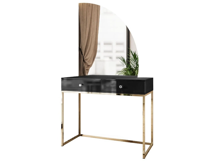 Toaletka kosmetyczna prawostronna z szufladami i oświetleniem LED na złotych nogach Clarette Czarny połysk